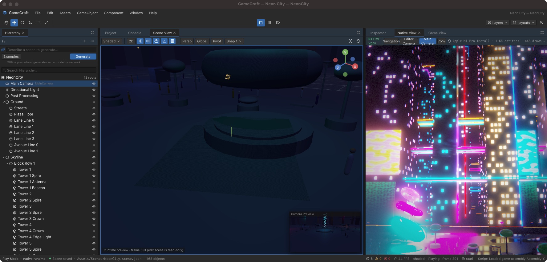The GameCraft editor playing the Neon City scene: Hierarchy, Scene View and Native View